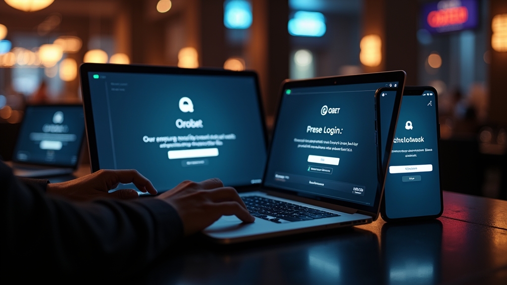 Persona accediendo a Orobet desde móvil, tablet y PC en un entorno de casino oscuro