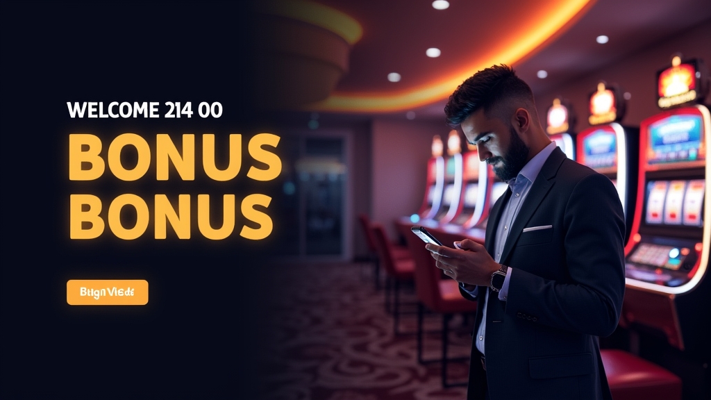 Jugador revisando el bono de bienvenida en un móvil dentro de un casino oscuro