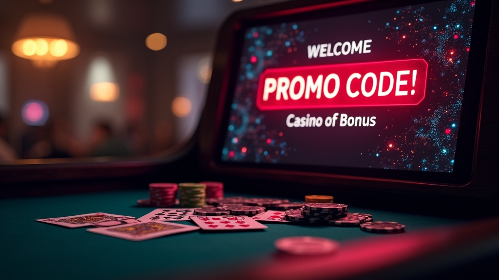 Pantalla de casino con código promocional y mesa de fichas en ambiente oscuro