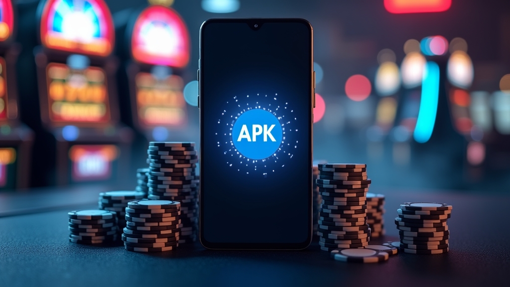 Smartphone descargando el APK de Orobet con ambiente de casino y luces neón