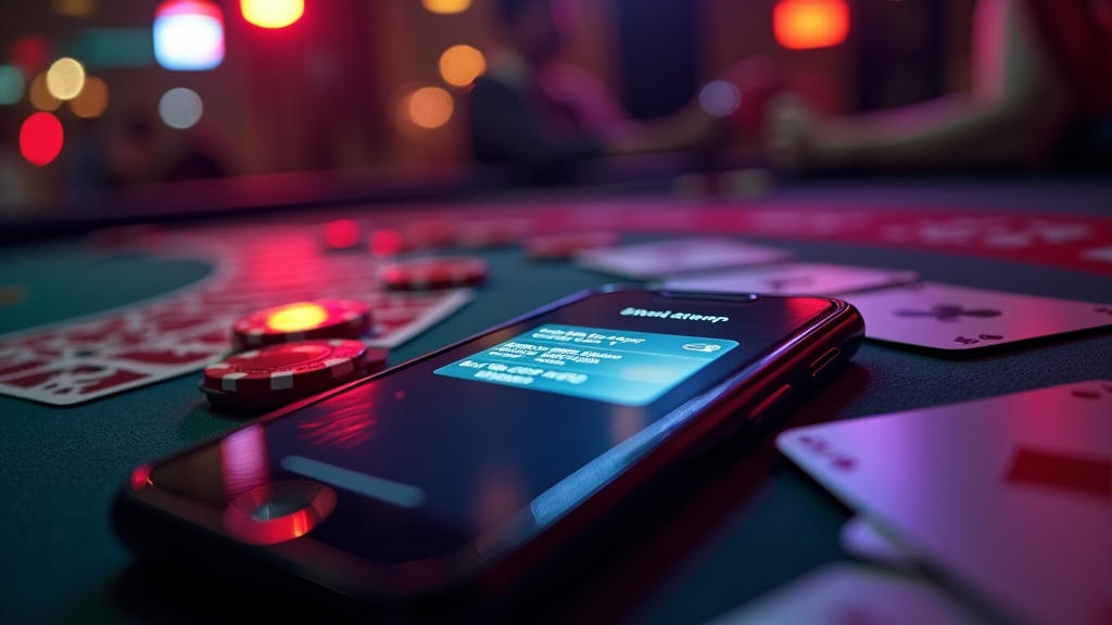 Teléfono móvil mostrando la instalación de la app Orobet en un entorno de casino oscuro