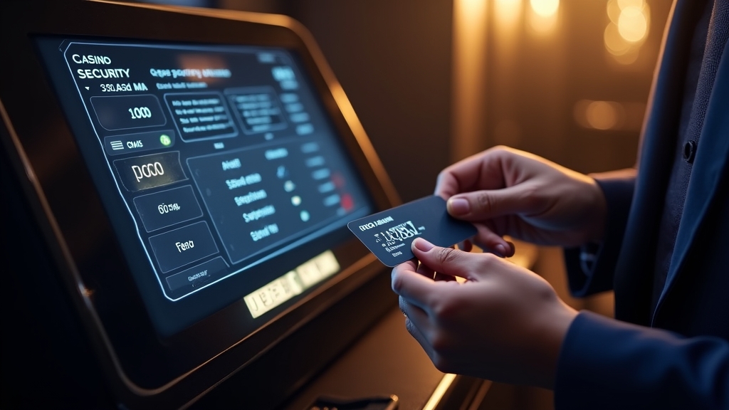 Verificación de cuenta con documento y panel de pagos en un casino oscuro