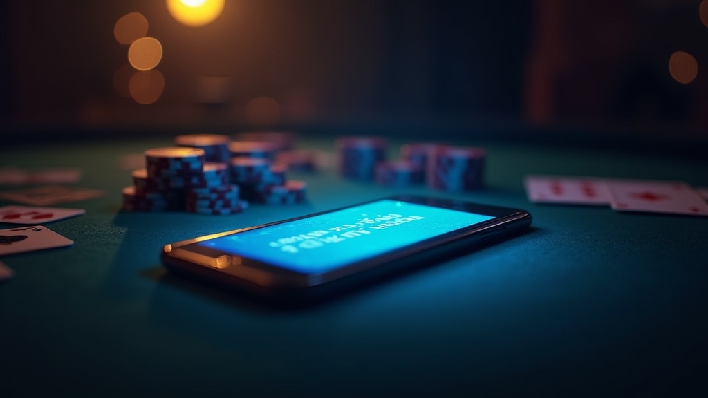 Smartphone mostrando una actualización del APK de Orobet en un casino oscuro