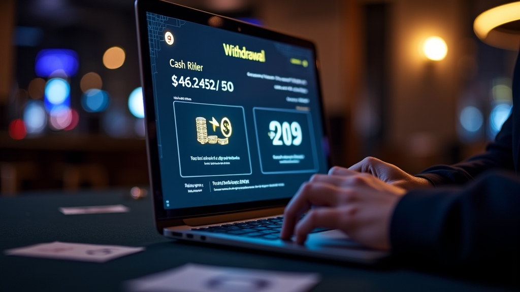 Pantalla de retiro de dinero con interfaz de casino oscura y elementos de pago seguros