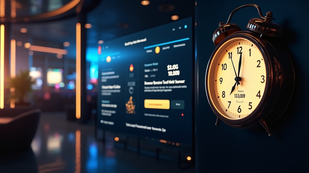 Reloj junto a una pantalla de retiro y pagos en un entorno de casino oscuro