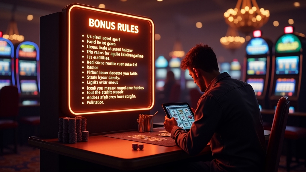 Mesa de casino con reglas del bono y fichas en ambiente oscuro y elegante